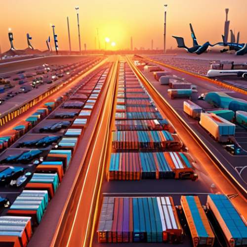 **Prompt:** A bustling, modern logistics hub in Dubai at sunset. Show advanced technology like drones and automated sorting systems alongside traditionally dressed workers. Convey efficiency and strategic vision with elements like glowing data streams and holographic projections of global shipping routes. Use warm, inviting lighting to highlight the blend of technology and human connection.
