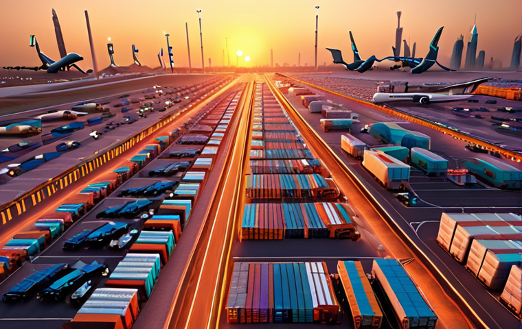 **Prompt:** A bustling, modern logistics hub in Dubai at sunset. Show advanced technology like drones and automated sorting systems alongside traditionally dressed workers. Convey efficiency and strategic vision with elements like glowing data streams and holographic projections of global shipping routes. Use warm, inviting lighting to highlight the blend of technology and human connection.