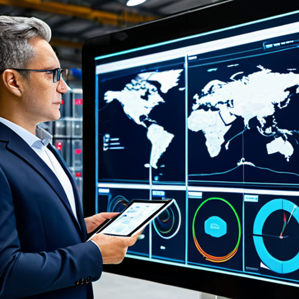 A professional logistics expert, fully clothed in a modest business suit, standing confidently in a futuristic, high-tech warehouse control room. Large transparent screens display intricate big data analytics, real-time tracking maps, and supply chain visualizations. Automated robotic arms are subtly visible in the background, demonstrating seamless efficiency. The expert holds a sleek tablet, gesturing towards the data with a focused expression. Perfect anatomy, correct proportions, well-formed hands, natural pose. Professional photography, high resolution, safe for work, appropriate content, appropriate attire, professional dress, family-friendly.