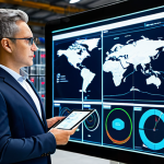 A professional logistics expert, fully clothed in a modest business suit, standing confidently in a futuristic, high-tech warehouse control room. Large transparent screens display intricate big data analytics, real-time tracking maps, and supply chain visualizations. Automated robotic arms are subtly visible in the background, demonstrating seamless efficiency. The expert holds a sleek tablet, gesturing towards the data with a focused expression. Perfect anatomy, correct proportions, well-formed hands, natural pose. Professional photography, high resolution, safe for work, appropriate content, appropriate attire, professional dress, family-friendly.