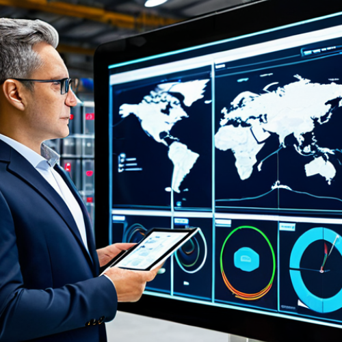A professional logistics expert, fully clothed in a modest business suit, standing confidently in a futuristic, high-tech warehouse control room. Large transparent screens display intricate big data analytics, real-time tracking maps, and supply chain visualizations. Automated robotic arms are subtly visible in the background, demonstrating seamless efficiency. The expert holds a sleek tablet, gesturing towards the data with a focused expression. Perfect anatomy, correct proportions, well-formed hands, natural pose. Professional photography, high resolution, safe for work, appropriate content, appropriate attire, professional dress, family-friendly.