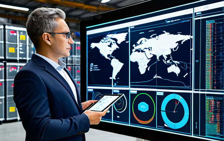A professional logistics expert, fully clothed in a modest business suit, standing confidently in a futuristic, high-tech warehouse control room. Large transparent screens display intricate big data analytics, real-time tracking maps, and supply chain visualizations. Automated robotic arms are subtly visible in the background, demonstrating seamless efficiency. The expert holds a sleek tablet, gesturing towards the data with a focused expression. Perfect anatomy, correct proportions, well-formed hands, natural pose. Professional photography, high resolution, safe for work, appropriate content, appropriate attire, professional dress, family-friendly.