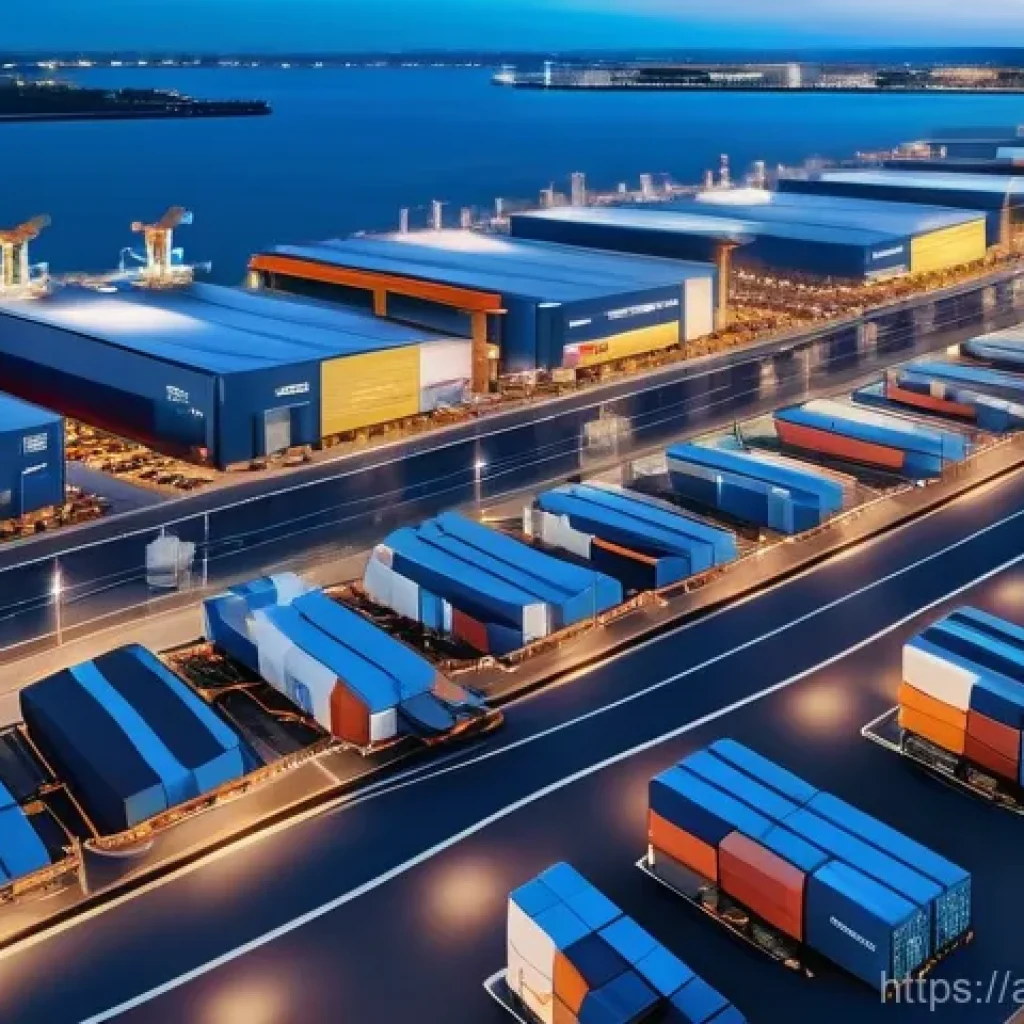 국제물류와 공급망 관리의 차이점 - **International Logistics Hub, Dynamic Movement & Technology:**
A hyper-realistic, high-angle sh...