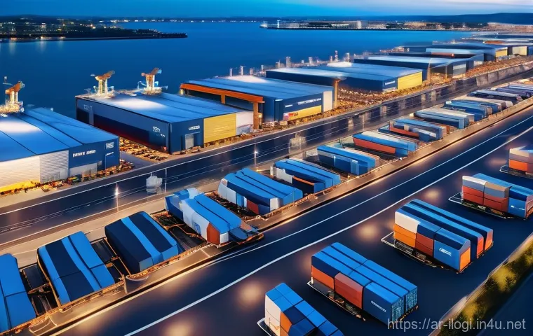 국제물류와 공급망 관리의 차이점 - **International Logistics Hub, Dynamic Movement & Technology:**
A hyper-realistic, high-angle sh...