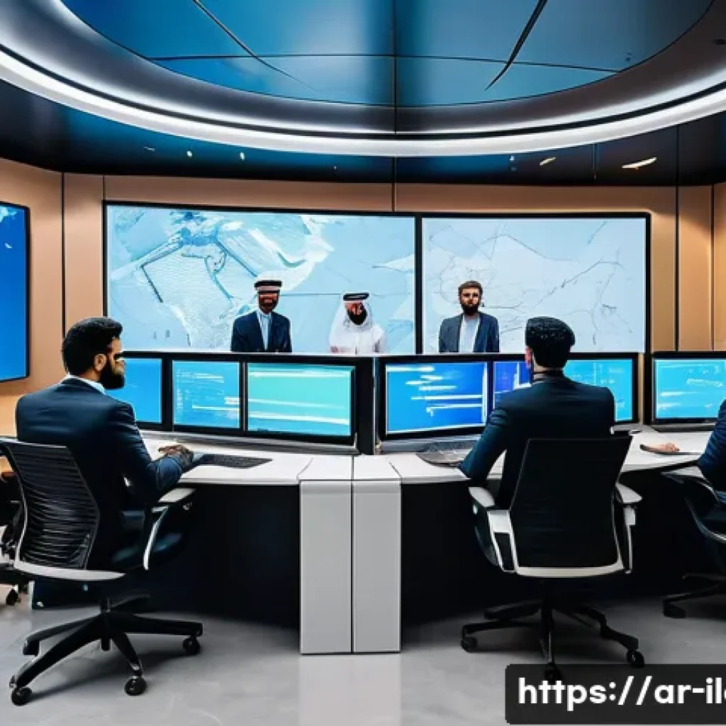 국제물류사로서 직무 효율을 높이는 법 - A modern logistics control room featuring a diverse team of Arab professionals actively coordinating...