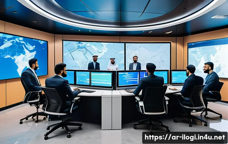 국제물류사로서 직무 효율을 높이는 법 - A modern logistics control room featuring a diverse team of Arab professionals actively coordinating...