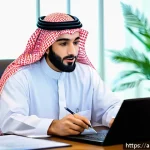 국제물류사 자격증 취득 과정 - A professional Middle Eastern man in traditional attire (thobe and ghutra) studying international pr...