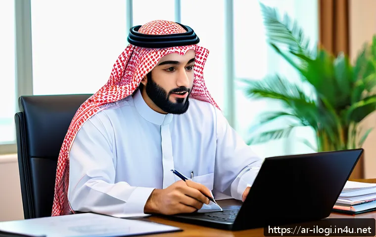 국제물류사 자격증 취득 과정 - A professional Middle Eastern man in traditional attire (thobe and ghutra) studying international pr...