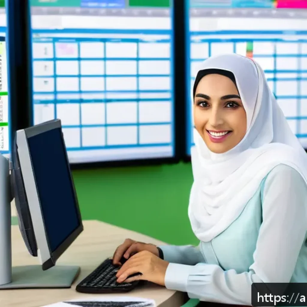 국제물류사를 위한 엑셀 활용법 - A modern logistics office scene with an Arabic-speaking professional woman wearing business casual a...