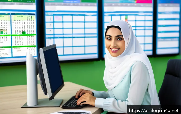 국제물류사를 위한 엑셀 활용법 - A modern logistics office scene with an Arabic-speaking professional woman wearing business casual a...