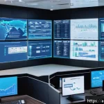 국제물류사 자격증 취득 후 커리어 로드맵 - A modern logistics control room in a Middle Eastern setting, featuring a diverse team of professiona...