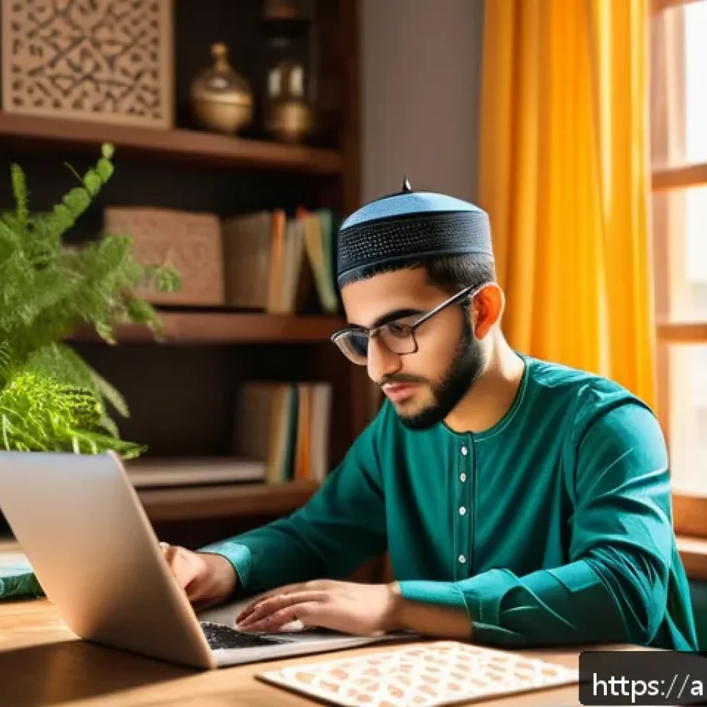 국제물류사 시험 합격률 높이는 공부법 - A focused young Arab male student sitting at a wooden desk in a cozy study room decorated with tradi...