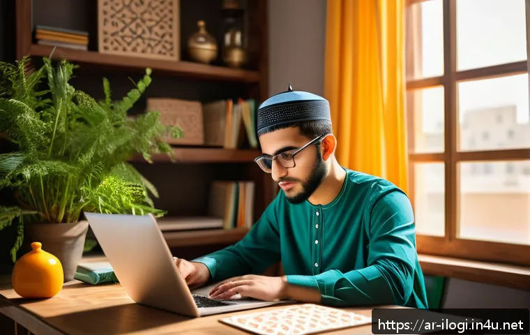 국제물류사 시험 합격률 높이는 공부법 - A focused young Arab male student sitting at a wooden desk in a cozy study room decorated with tradi...