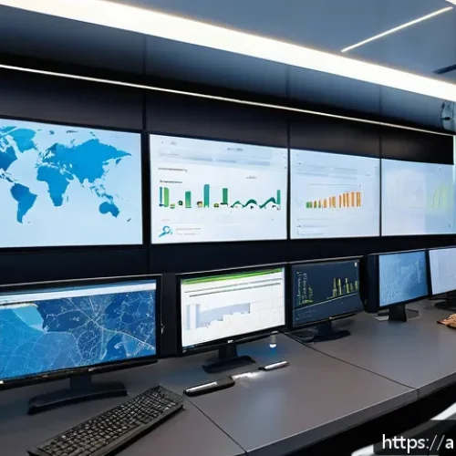 국제물류 실무에서 사용하는 소프트웨어 - A modern digital logistics control room in a Middle Eastern office setting, showing a diverse team o...