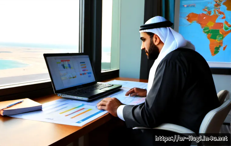 국제물류사 자격증 취득 필수 과목 분석 - Photorealistic study scene for an international logistics certification, Arab professional in modest...