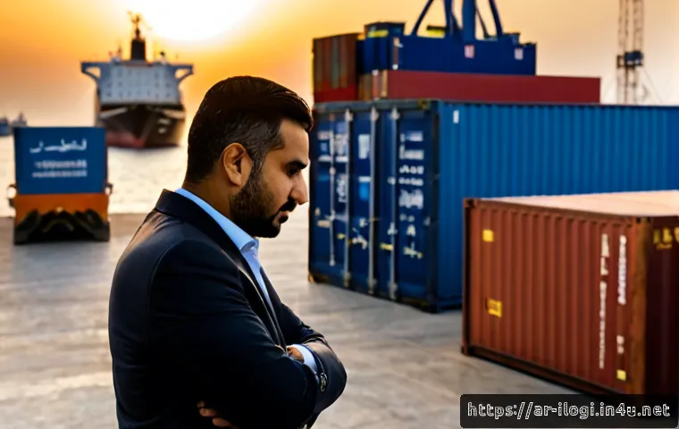 국제물류사가 직면하는 일반적인 문제 - Photorealistic international freight operations challenge, Arab logistics manager in modest business...