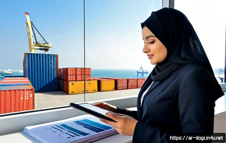 국제물류사 자격증 취득 후 예상 경로 - Photorealistic career-start scene for an international logistics professional in a modern Gulf-regio...